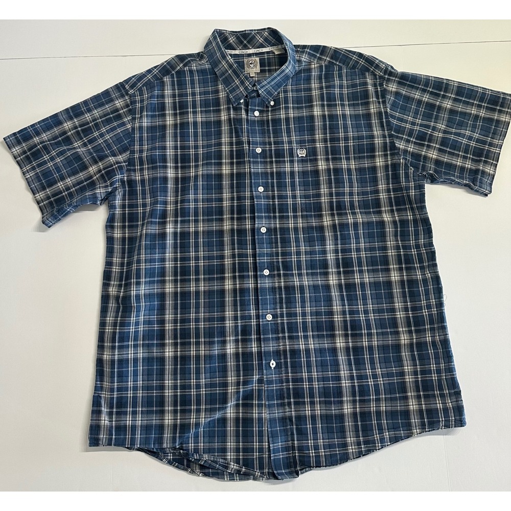 Cinch Mens XXL Blue White Plaid Short Sleeve Button Down Western Shirt Cotton